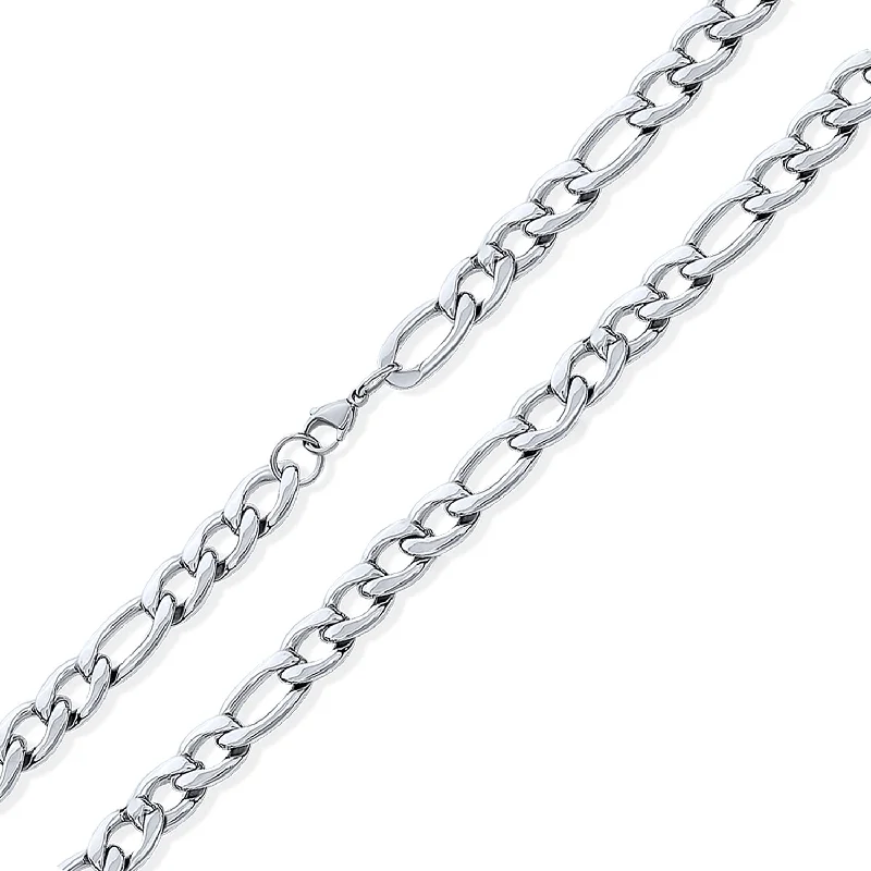 women's necklaces with round stone -11MM Heavy Silver Tone Stainless Steel Figaro Necklace for Men Various Lengths