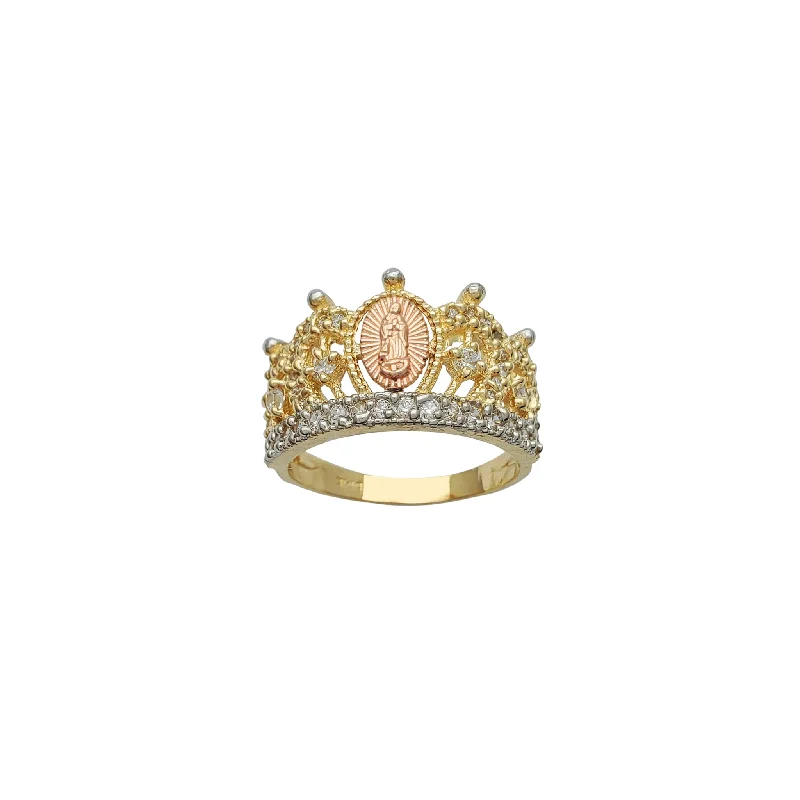 women's rings with white gold band -Tricolor Virgin Mary Crown-Tiara Ring (14K)