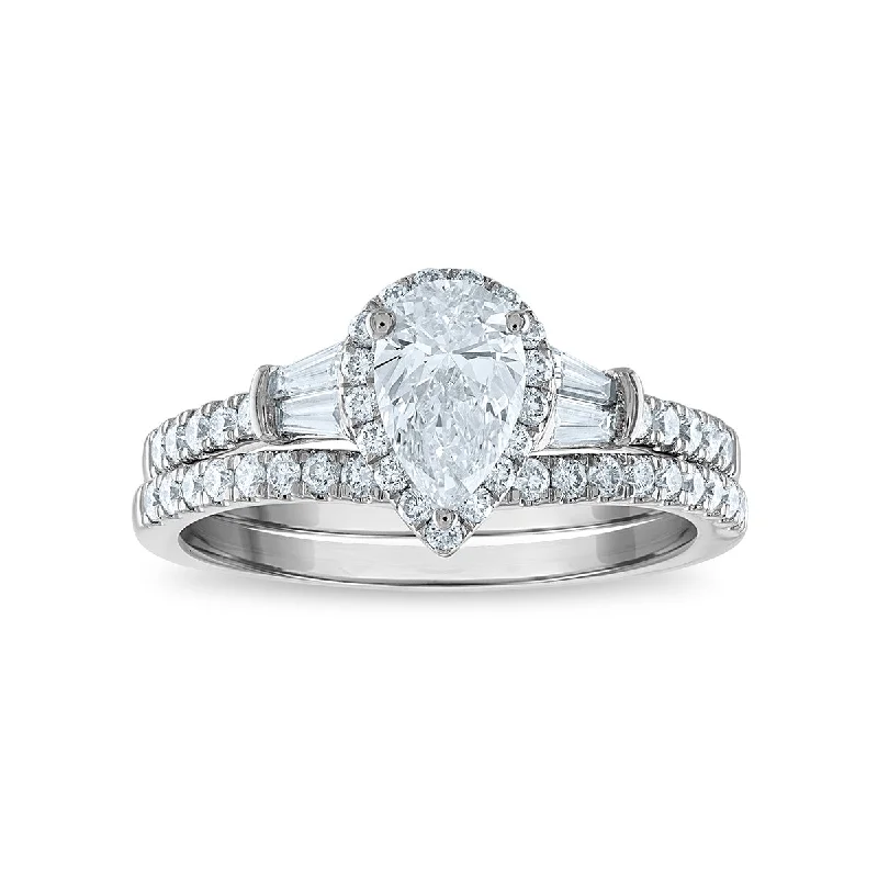 women's engagement rings with emerald setting -Signature EcoLove 1 1/2 CTW Lab Grown Diamond Halo Bridal Set in 14KT White Gold