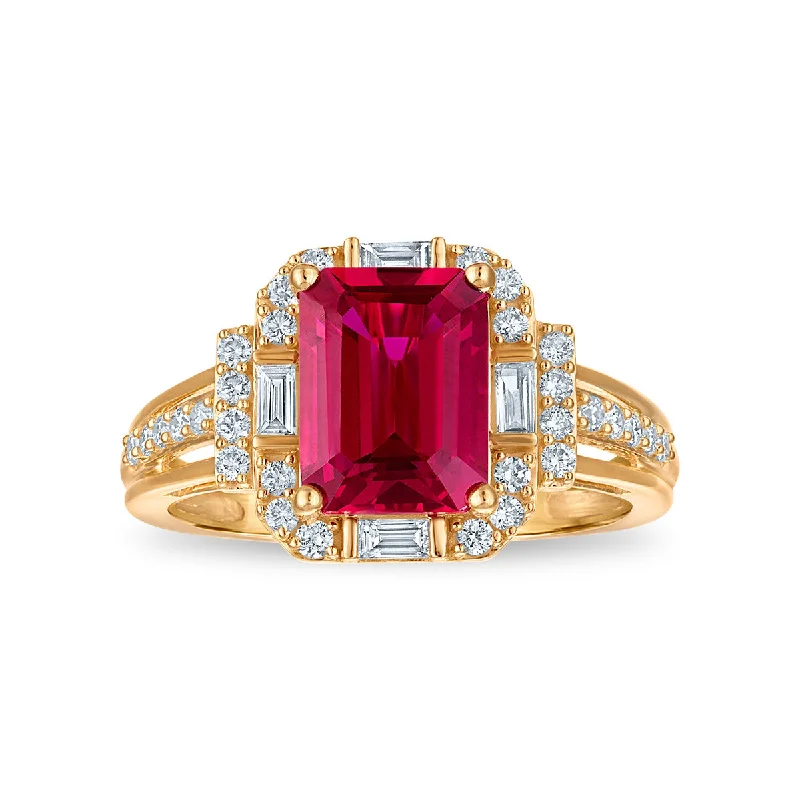 women's engagement rings with radiant-cut diamond -Ruby and Diamond Halo Ring in 10KT Yellow Gold