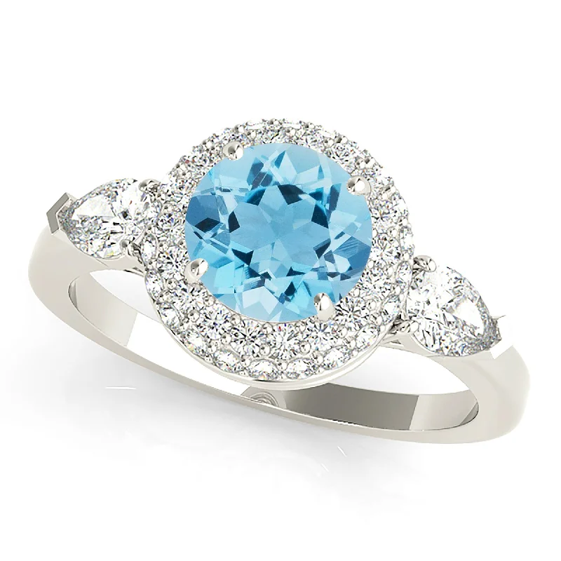 women's engagement rings with bold gemstone -1.10 ct. Genuine Aquamarine Ring With Double Edge Halo And Side Accent Diamonds