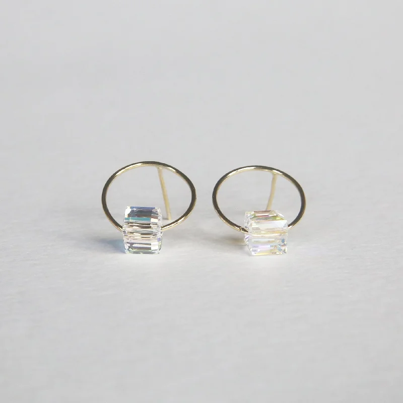 women's earrings with crystal accents -Cube Crystal Circle Studs