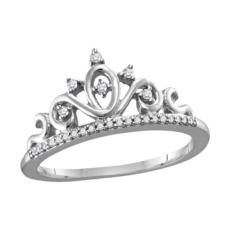 women's engagement rings with yellow gold band -1/10 CTW Diamond Tiara Crown Ring in 10KT White Gold