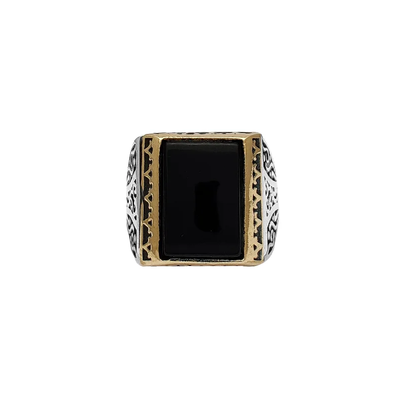 women's rings with stacked design -Black Onyx Antique-Finish Men's Ring (Silver)