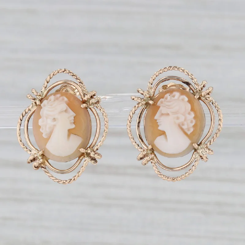 women's earrings with round shape -Cameo Stud Earrings14k Yellow Gold Carved Shell Figural Vintage