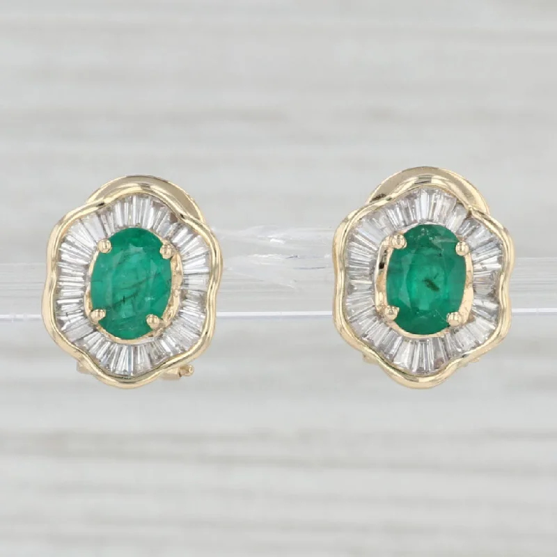 women's earrings with butterfly design -2.10ctw Emerald Diamond Halo Stud Earrings 14k Yellow Gold Pierced Omega Backs