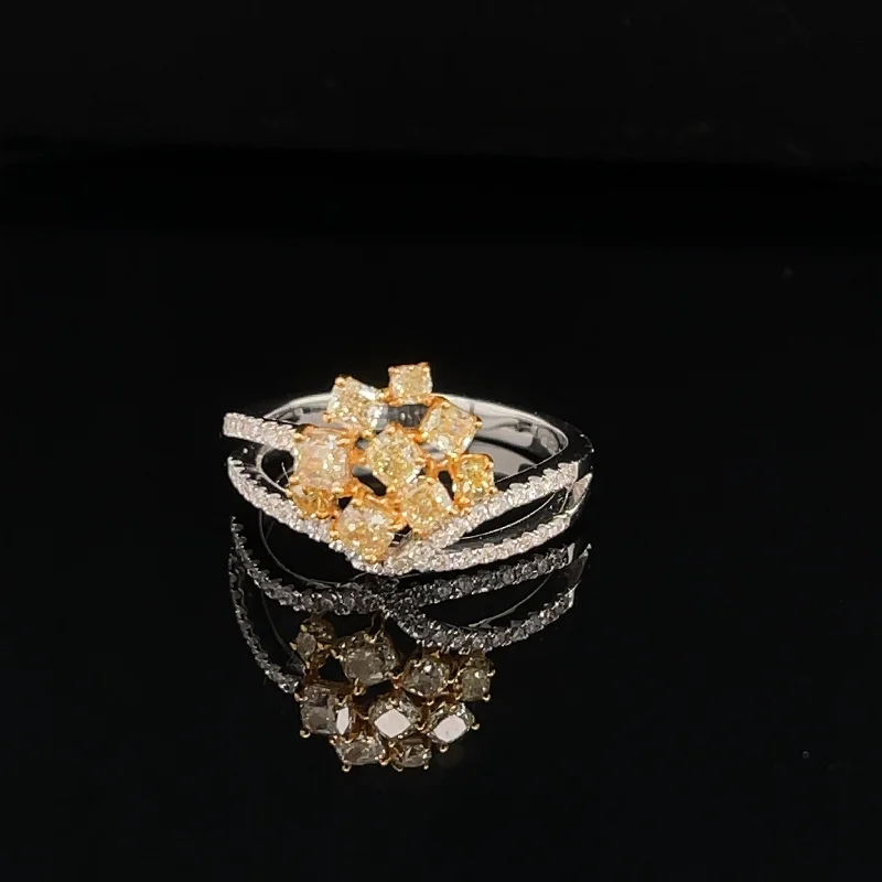 women's engagement rings with art deco style -Mixed Fancy Yellow Diamond Bouquet Split Shank Ring in 18k Two-Tone Gold - (#206 - RGDIA 657206)