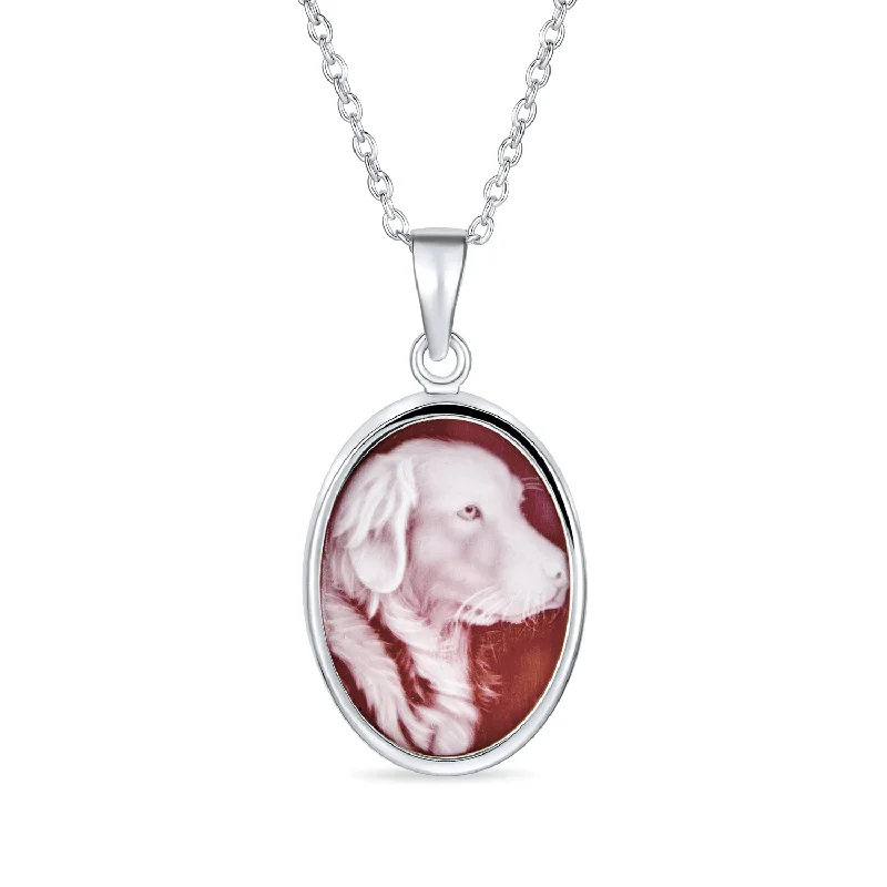 women's necklaces with heart pendant -Vintage Antique Style Dog Portrait Cameo Pendant Necklace in Sterling Silver