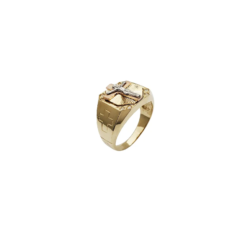 women's rings with textured gold -Tri-Color Crucifix CZ Ring (14K)