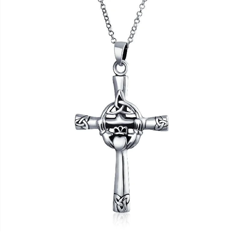 women's necklaces with bold chain -Irish Celtic Knot Claddagh Cross Pendant Necklace in Oxidized Sterling Silver