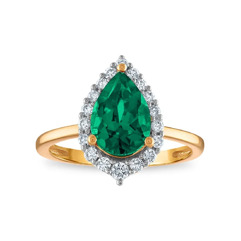 women's engagement rings with vintage halo -LoveSong EcoLove 10X7MM Pear Emerald and Diamond Halo Ring in 10KT Yellow Gold