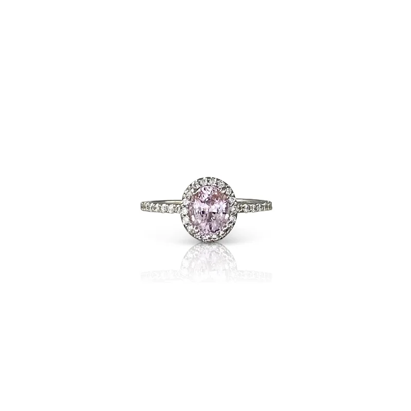 women's engagement rings with custom stone -Platinum Pink Sapphire with Diamond Halo Ring