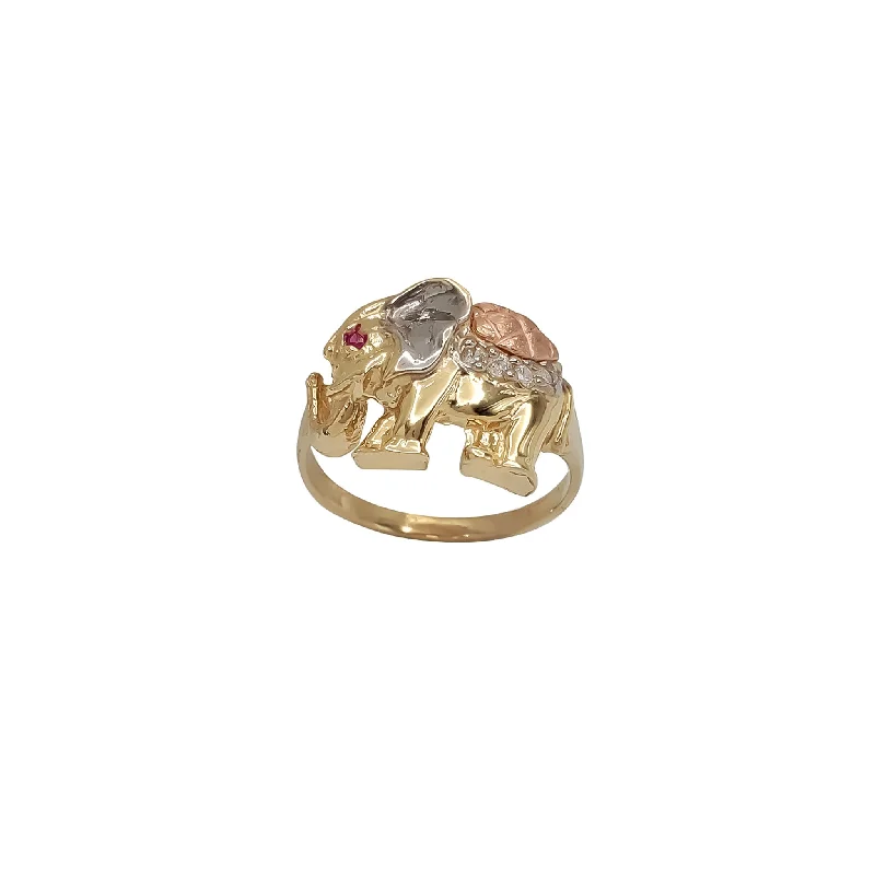 women's rings with modern silver band -Zirconia Tri-Color Elephant Ring (14K)