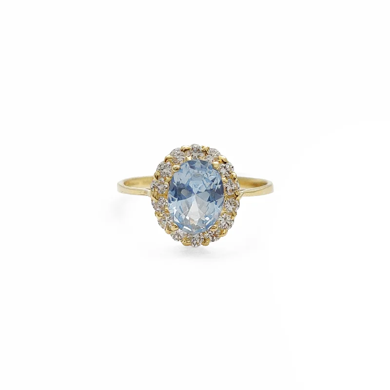 women's rings with intricate design -Halo Oval Light Blue Zirconia Ring (14K)