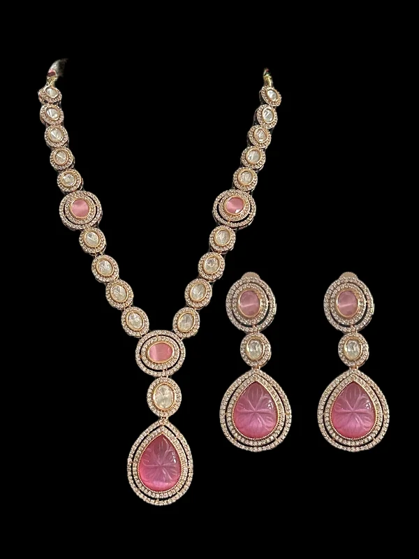 women's necklaces with multi-layered design -DNS93 Reema high quality Polki necklace set - PINK  ( READY TO SHIP )