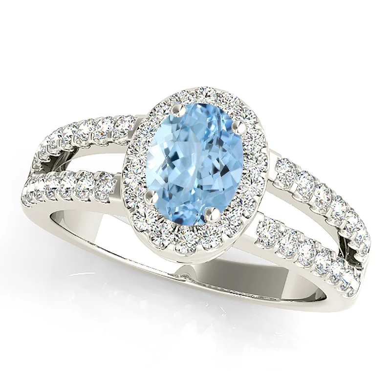 women's engagement rings with art deco style -2.00 ct. Genuine Oval Aquamarine Ring With Halo And Split Diamond Band