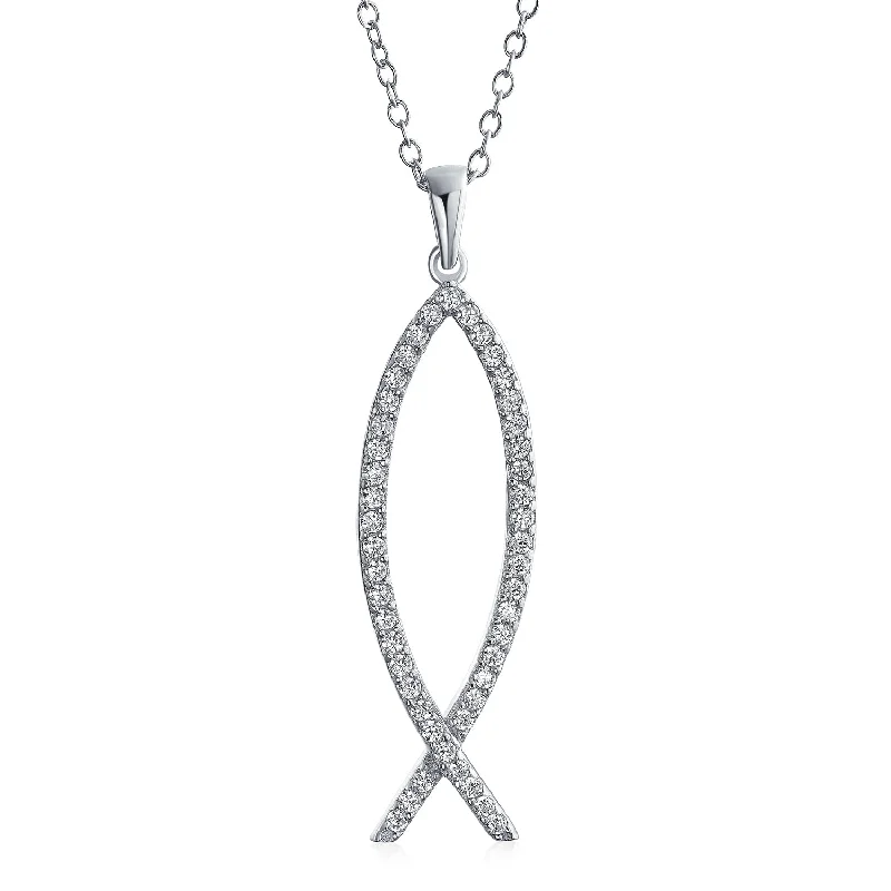 women's necklaces with charm design -Sterling Silver Jesus Fish Ichthys Pendant Necklace with Pave Cubic Zirconia