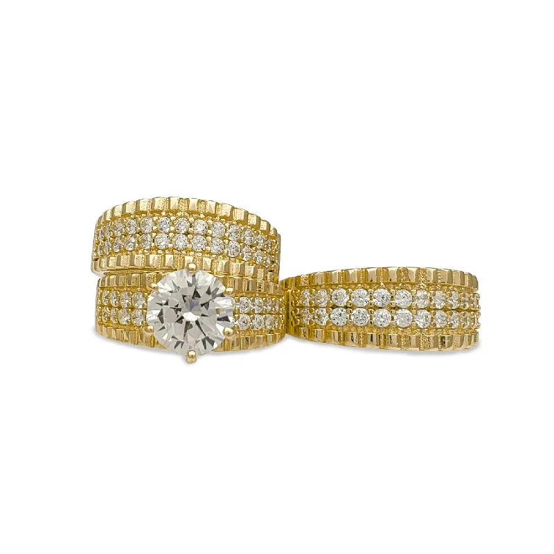 women's rings with classic round stone -Zirconia Two-Row Ridged Three-Piece Set Ring (14K)