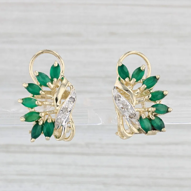 women's earrings diamond -Green Chalcedony Cluster Diamond Earrings 14k Yellow Gold Omega Back Drops