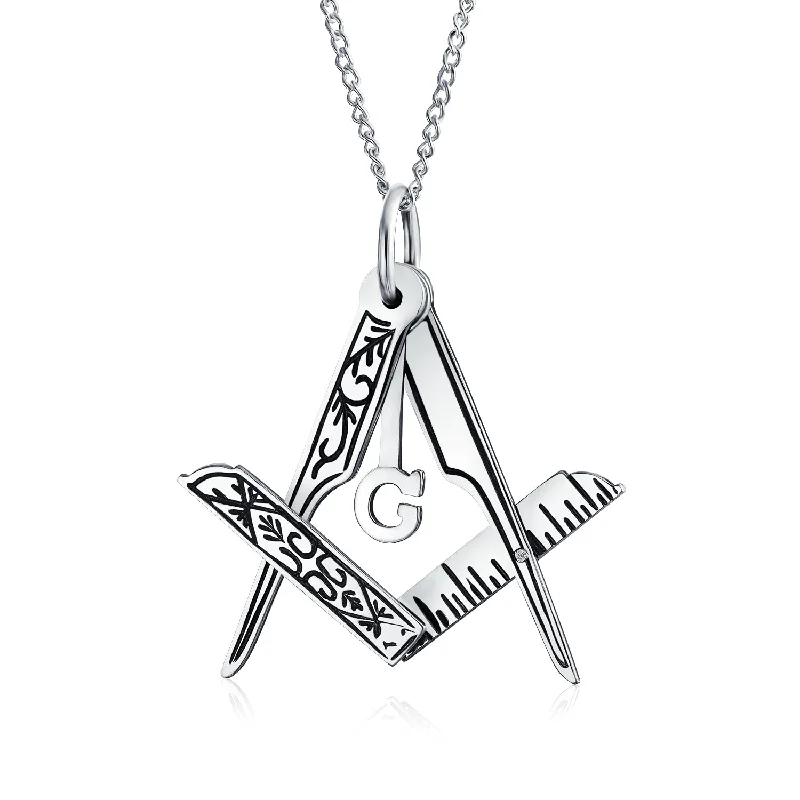 women's necklaces with modern style -Masonic Freemason Compass Pendant Necklace in Oxidized Sterling Silver Chain