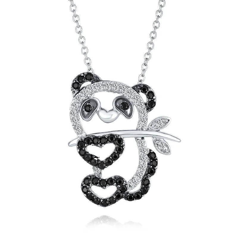 women's necklaces with crystal accents -Whimsical Panda Bear Pendant Necklace with Black & White Cubic Zirconia Silver Plated