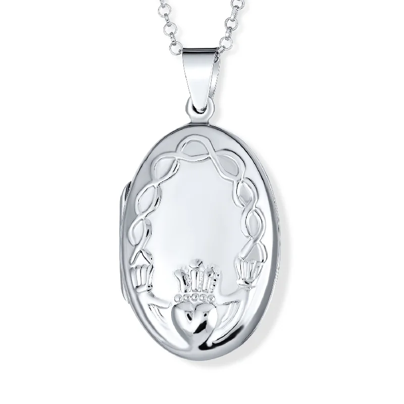 women's necklaces with minimalist design -Irish Celtic Claddagh Locket Necklace for Teens Sterling Silver Photo Holder