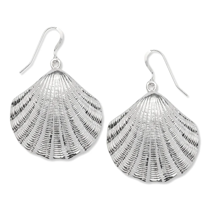 women's earrings with drop design -Large Scallop Shell .925 Sterling Silver Earrings