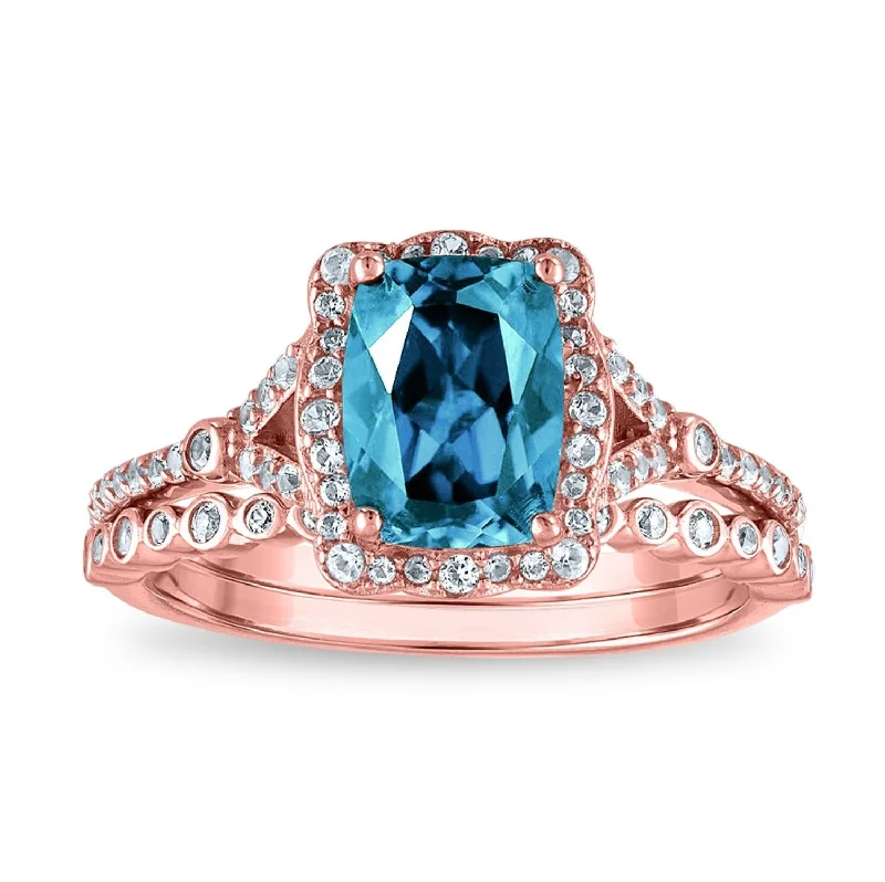 women's engagement rings with intricate diamond setting -8X6MM Cushion Blue Topaz and Diamond Bridal Set Ring in 10KT Rose Gold