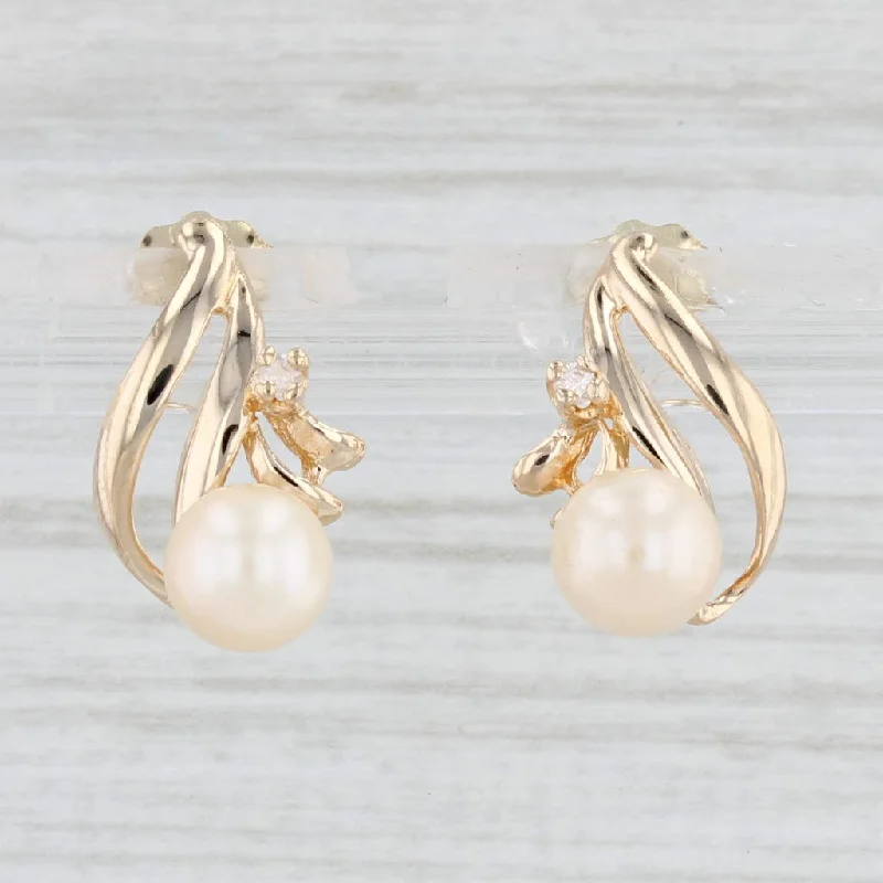 women's earrings with delicate hoops -Cultured Pearl Diamond Teardrop Earrings 10k Yellow Gold Pierced Drops