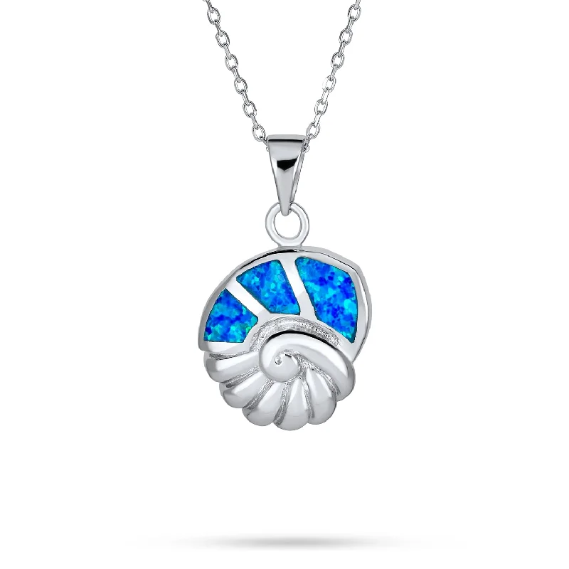 women's necklaces diamond -Large Blue Gemstone Opal Inlay Nautical Beach Shell Pendant Necklace Silver