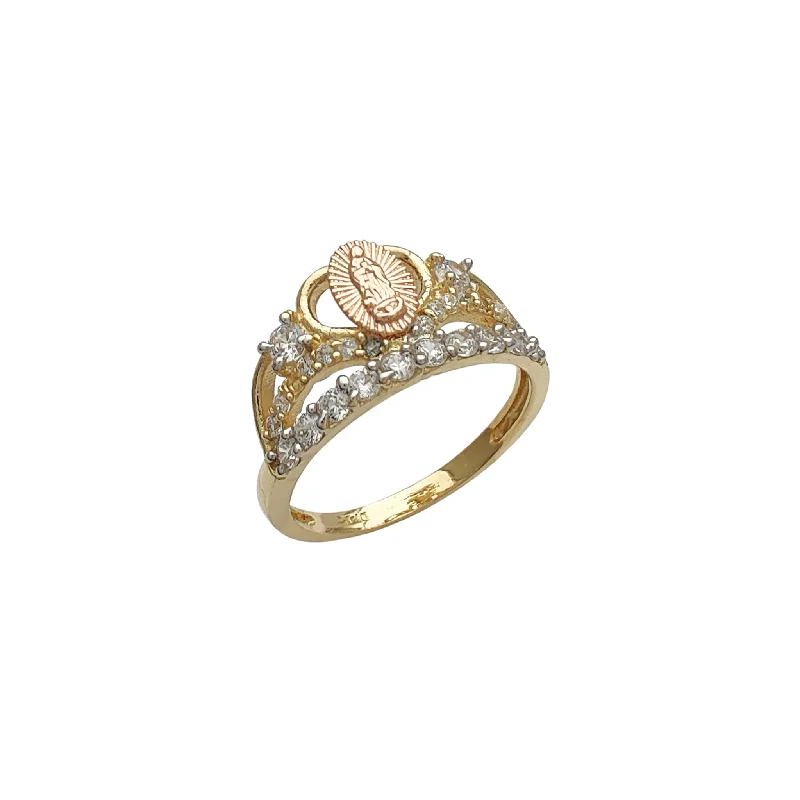 women's rings with multi-stone setting -Pave Milgrained Tricolor Virgin Mary Ring (14K)