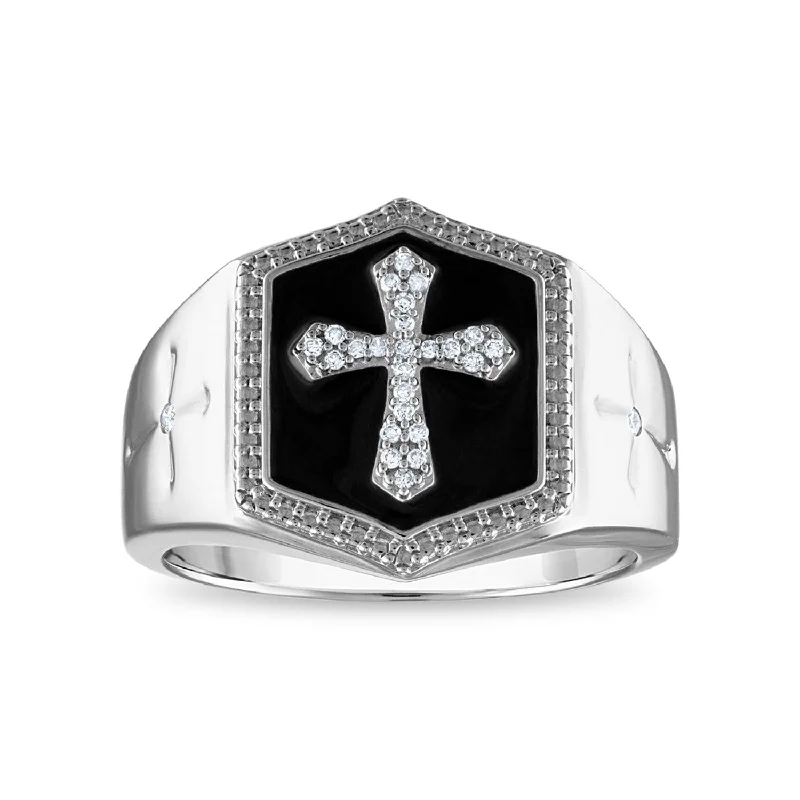 women's engagement rings with classic round halo -1/10 CTW Diamond Cross Black Enamel Ring in Sterling Silver