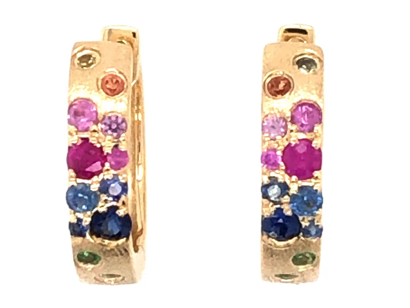 women's earrings with layered look -Lady's Yellow 14 Karat Satin Earrings 0.38tw Round Rainbow Sapphires & Tsavorite