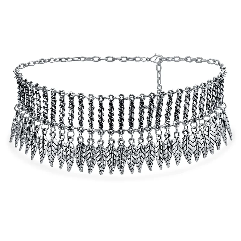 women's necklaces with chain link -Native American Style Feather Choker Necklace in Oxidized Silver Plated Finish