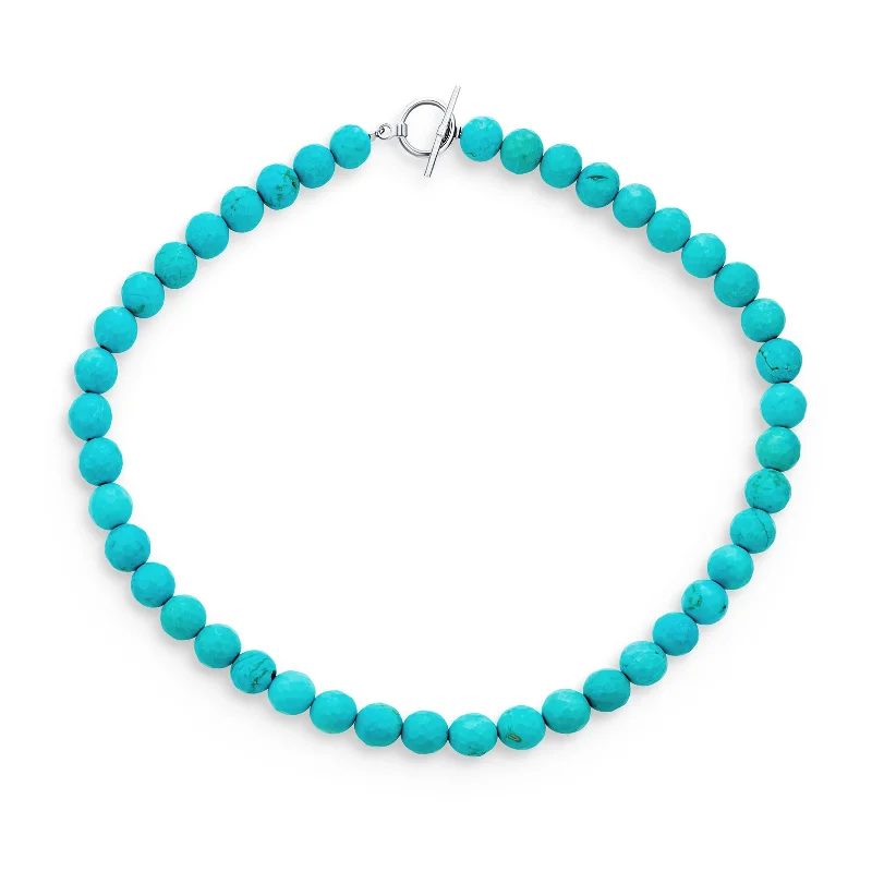 women's necklaces with bold chain -Blue Faceted Turquoise Gemstone Bead Strand Necklace with Silver Clasp