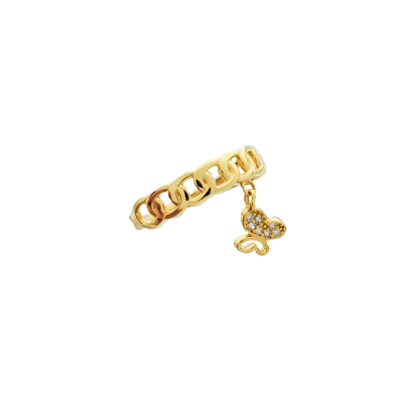 women's rings with fancy colored diamonds -Thin Cuban Link with Dangling Butterfly Ring (14K)