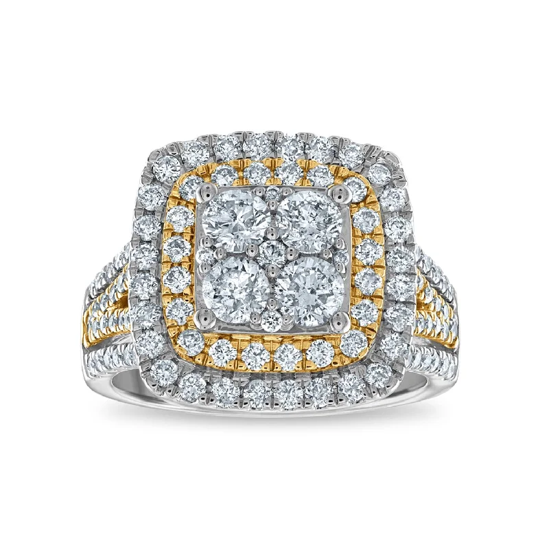 women's engagement rings with unique band design -2 CTW Diamond Halo Cushion Shape Ring in 14KT White and Yellow Gold