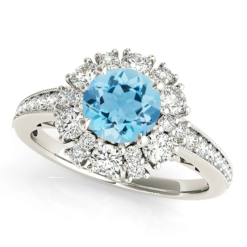 women's engagement rings with timeless design -1.75 ct. Genuine Aquamarine Ring With Fancy Halo And delicate Diamond Band