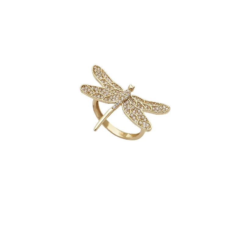 women's rings with custom engraving -Iced-Out Dragonfly CZ Ring (14K)