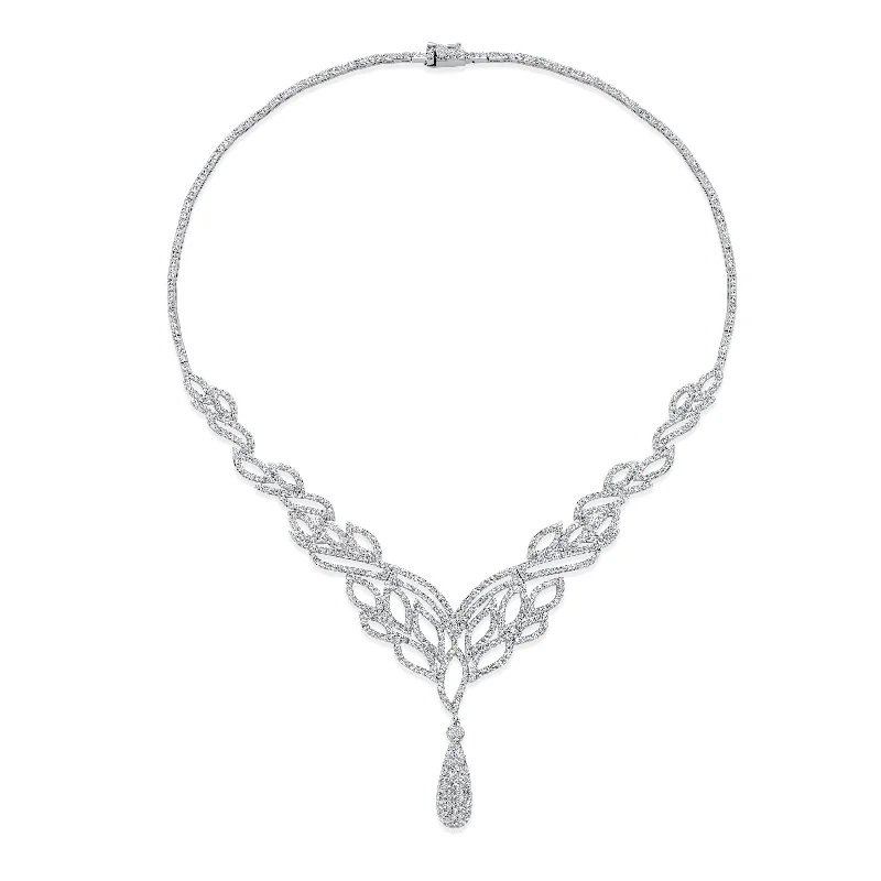 women's necklaces with pendant -Art Deco Leaf Collar Necklace with Teardrop CZ Silver Plated for Weddings & Proms