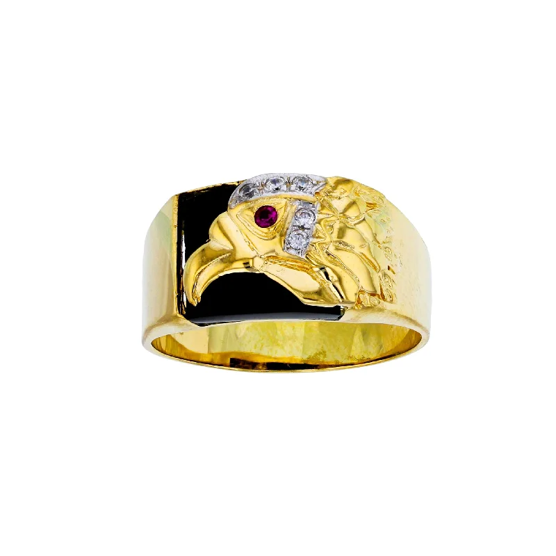 women's rings with classic round stone -Textured Eagle Head Black Onyx Men's Ring (14K)