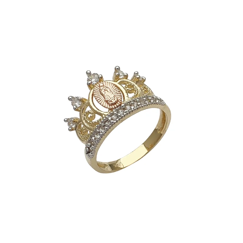 women's rings with bezel setting -Tricolor Milgrained Virgin Mary Queen's Crown Ring (14K)