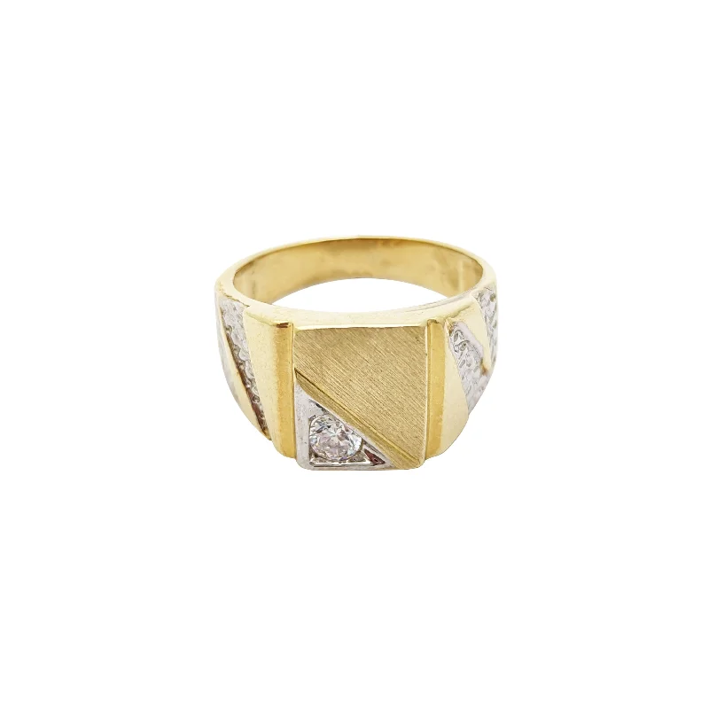 women's rings with bezel setting -Two-Tone Notched Rectangle Zirconia Signet Ring (14K)