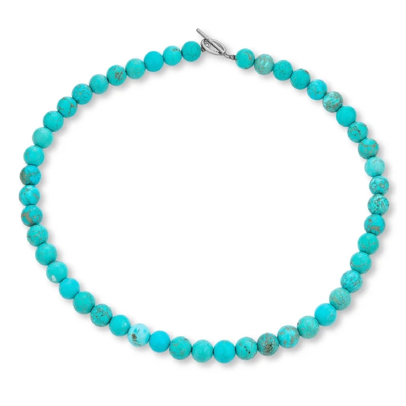 women's necklaces with modern clasp -Blue Compressed Turquoise 10MM Bead Strand Necklace with Silver Clasp