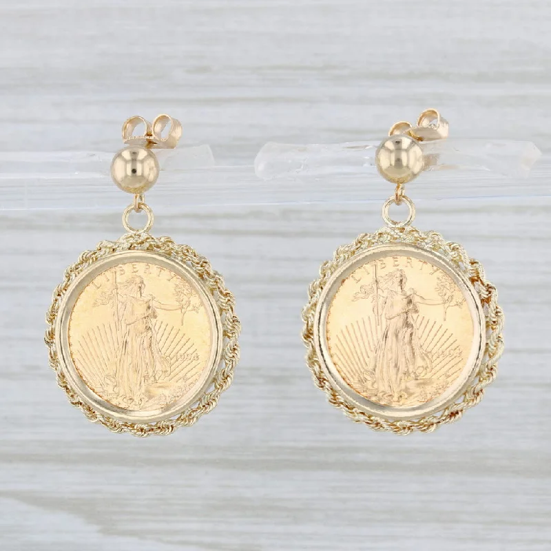 women's earrings with trendy design -1994 Gold American Eagle Coin Earrings 14k 22k 1/10oz AGE Drops