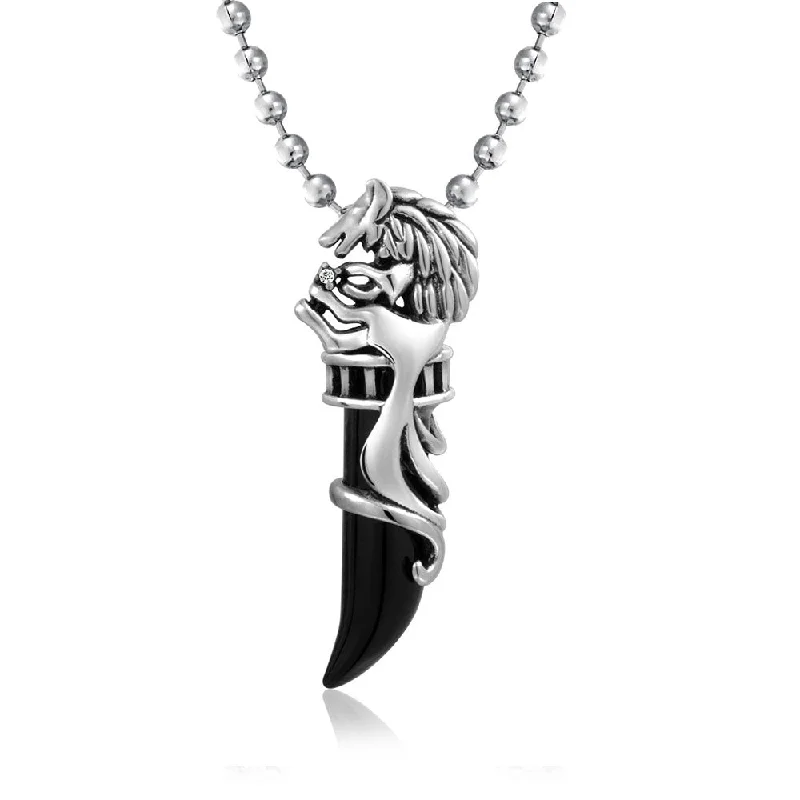 women's necklaces with matching earrings -Simulated Black Onyx Wolf Fang Viking Pendant Necklace for Men Silver Tone 20" Chain