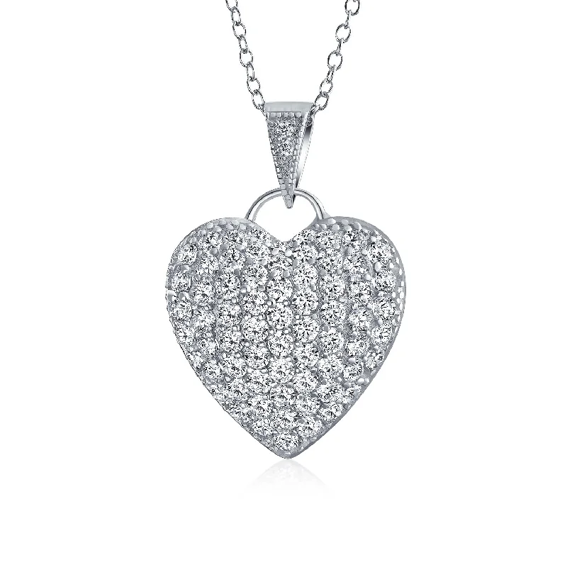 women's necklaces with heart pendant -Romantic Large CZ Puff Heart Shape Pendant Necklace in Sterling Silver Filigree