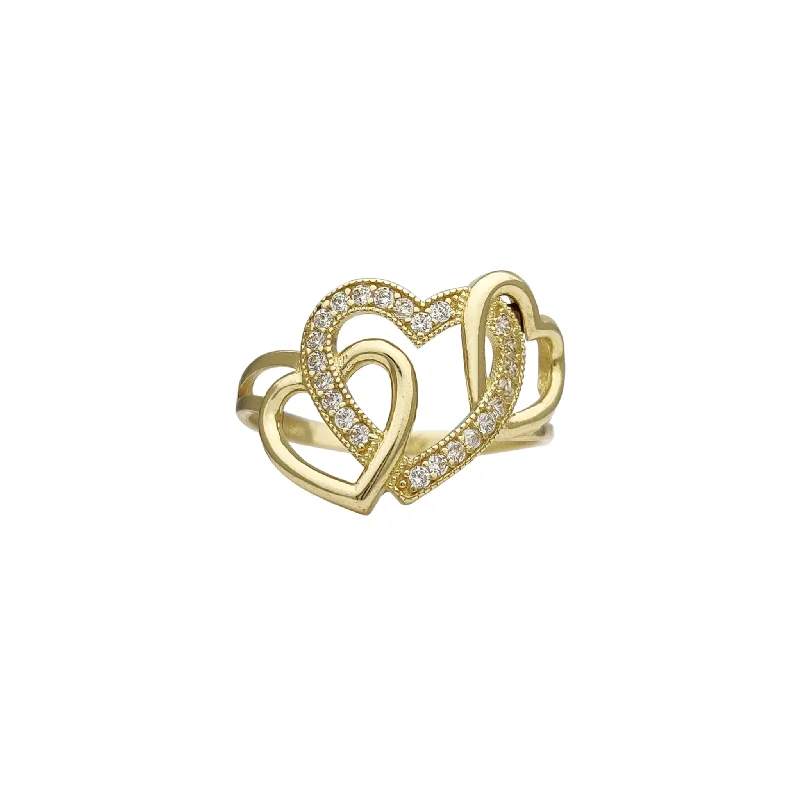 women's rings with cubic zirconia -Three-Heart Interlocked Ring (14K)