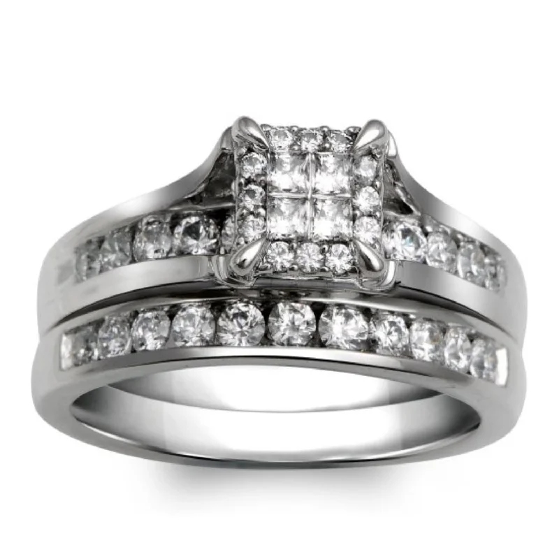 women's engagement rings with engraved details -1 CTW Diamond Halo Bridal Set Ring in 10KT White Gold