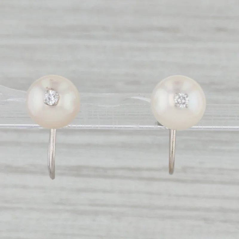 women's earrings with sapphire -Galatea Cultured Pearl Diamond Earrings 14k Gold Screw Back Non Pierced